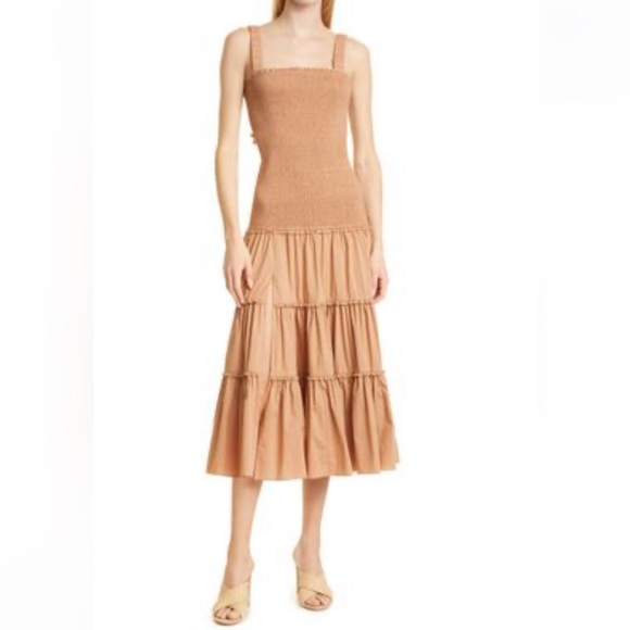 NWT Cinq à Sept Rina Smocked Tiered Midi Dress in Sahara - Picture 6 of 13